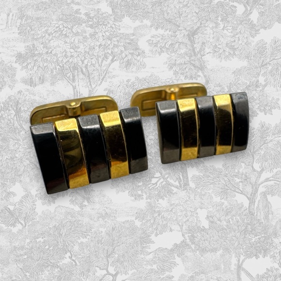 Givenchy Vintage Classic Two tone Gold Gunmetal Striped Cufflinks - Picture 3 of 9